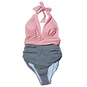 Cupshe Women's Swimsuit Size Medium Peach Halter One Piece Swim Striped Ruching